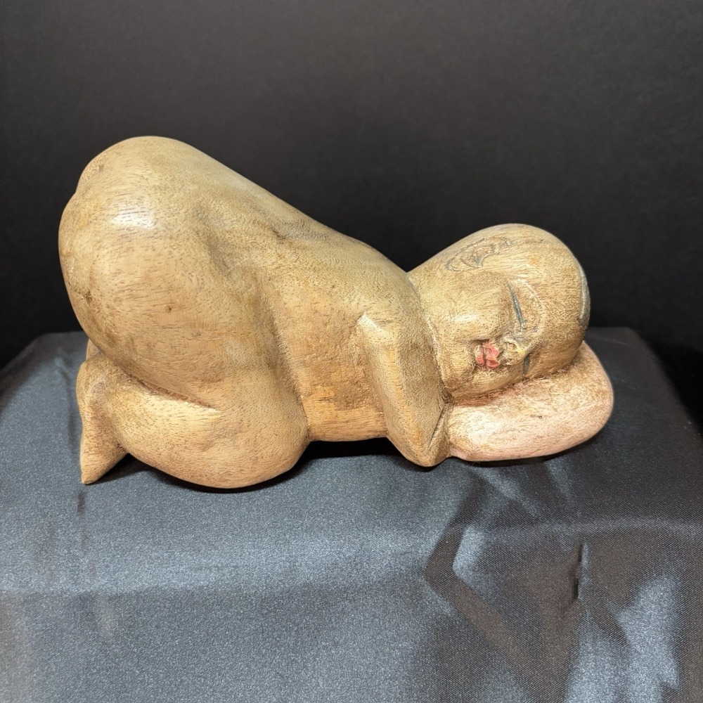Decorative Vintage Asian‎ Wooden Statue Sleeping Hand Carved